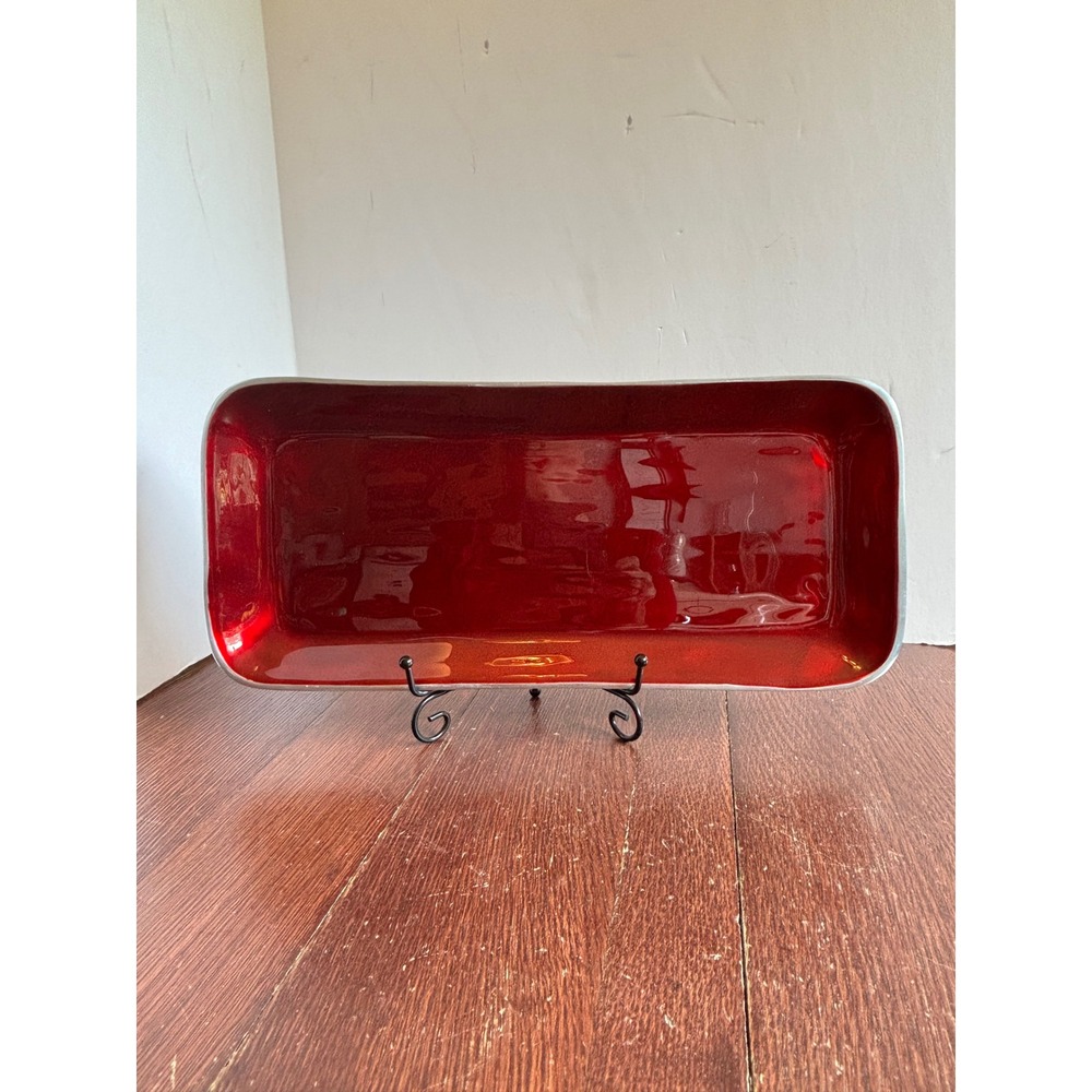 Red Enamel Metal Serving Tray Rectangular Silver Trim Holiday Decor 14.5 Inch